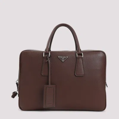 Prada Triangle Logo Leather Briefcase In Brown