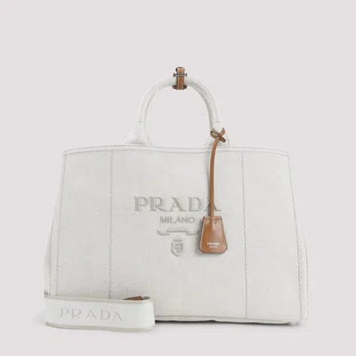 Prada Natural White Cotton Tote Bag In White