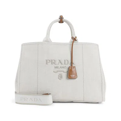 Prada Natural White Cotton Tote Bag In White