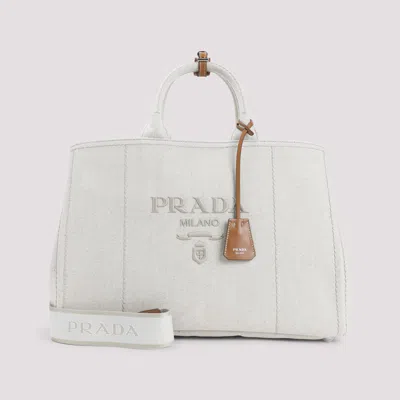 Prada Natural White Cotton Tote Bag In White