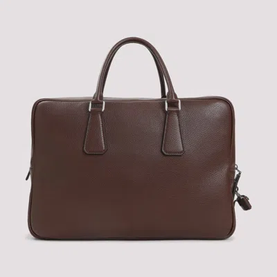 Prada Triangle Logo Leather Briefcase In Brown