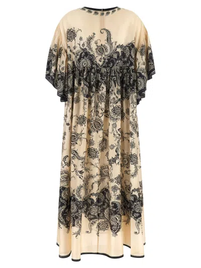 Zimmermann Long Silk Dress With Contrasting Floral Print And Ruching In Neutral