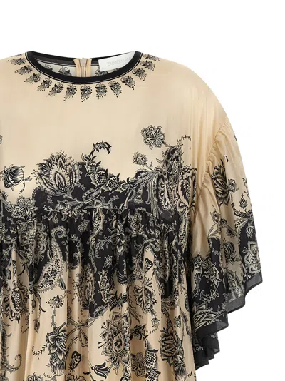 Zimmermann Long Silk Dress With Contrasting Floral Print And Ruching In Neutral