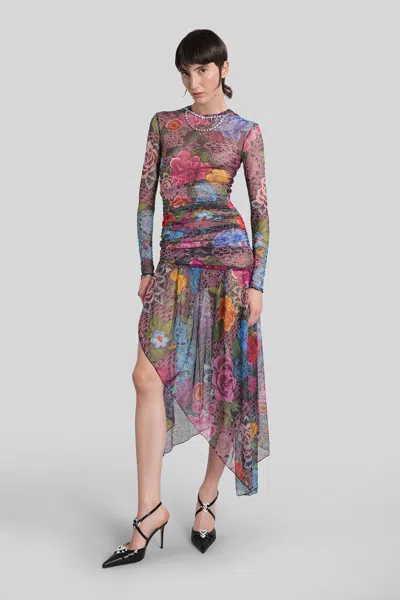 Area Crystal Embellished Floral Long Sleeve Tulle Midi Dress In Multi