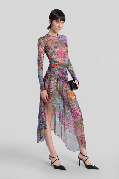 Area Crystal Embellished Floral Long Sleeve Tulle Midi Dress In Multi