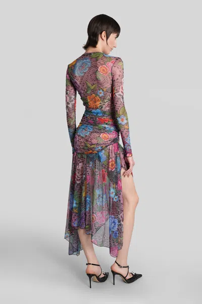 Area Crystal Embellished Floral Long Sleeve Tulle Midi Dress In Multi