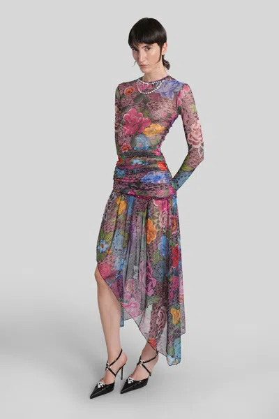 Area Crystal Embellished Floral Long Sleeve Tulle Midi Dress In Multi