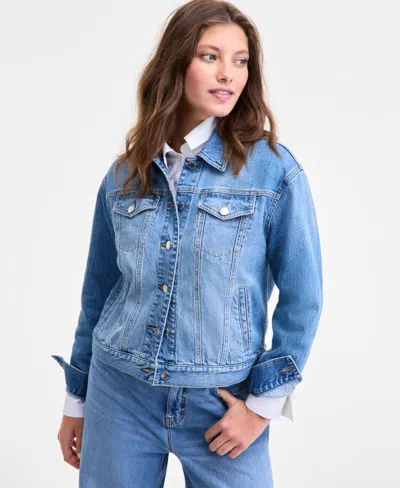 On 34th Trendy Plus Cotton Embellished Crewneck Tee Denim Trucker Jacket Pleat Front Wide Leg Pants Macys Ex In Blue