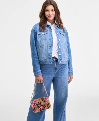 On 34th Trendy Plus Cotton Embellished Crewneck Tee Denim Trucker Jacket Pleat Front Wide Leg Pants Macys Ex In Blue