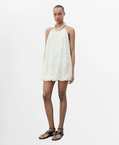 Mango Halter Neck Dress With Puff Hem And Flower Embroidery In White