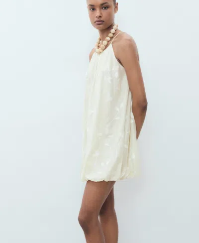Mango Halter Neck Dress With Puff Hem And Flower Embroidery In White