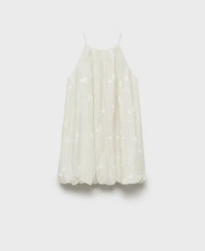 Mango Halter Neck Dress With Puff Hem And Flower Embroidery In White