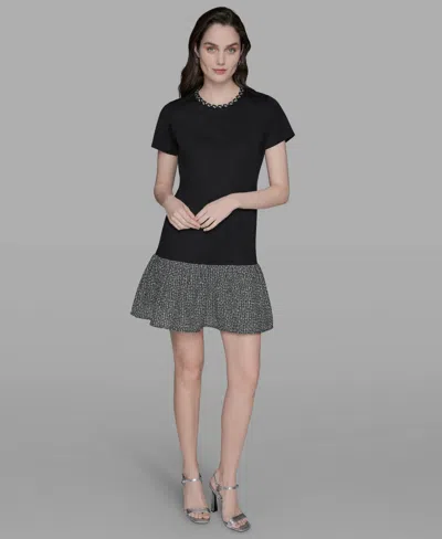 Karl Lagerfeld Women's Ruffle Trim Knit Short Sleeve Dress In Black