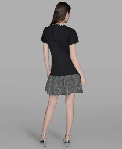 Karl Lagerfeld Women's Ruffle Trim Knit Short Sleeve Dress In Black