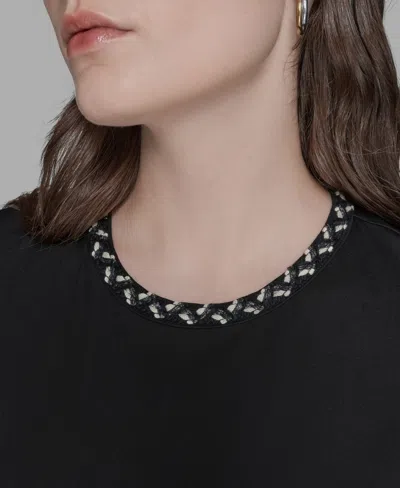 Karl Lagerfeld Women's Ruffle Trim Knit Short Sleeve Dress In Black