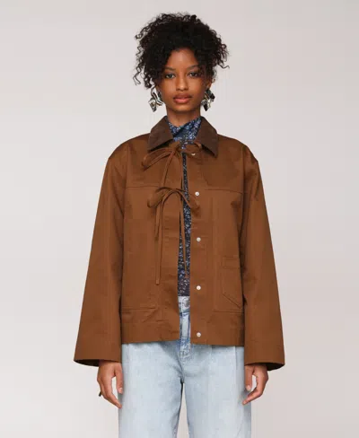 Avec Les Filles Women's Oversized Chore Big Patch Pockets And Bows Jacket In Brown