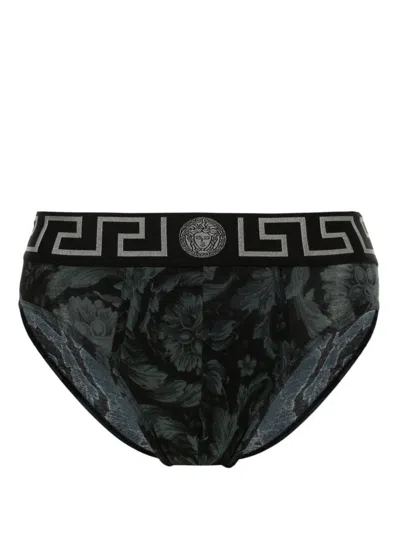 Versace Barocco Cotton Blend Briefs In Black Grey