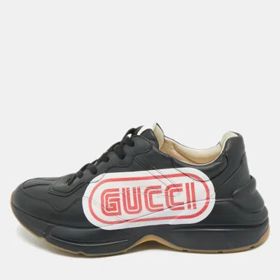 Pre-owned Gucci Black Leather Rhyton Logo Low Top Sneakers Size 43