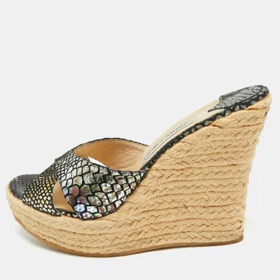 Pre-owned Jimmy Choo Multicolor Croc-embossed Leather Platform Wedge Sandals Size 39