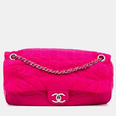 Pre-owned Chanel Pink Jumbo Quilted Nylon Soft Shell Flap