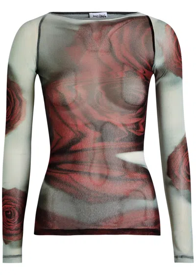 Jean Paul Gaultier Rose Mesh Floral Top In Red