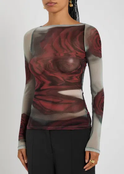 Jean Paul Gaultier Rose Mesh Floral Top In Red