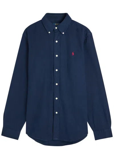 Polo Ralph Lauren Mens Navy Long-sleeved Garment-dyed Custom-fit Cotton Oxford Shirt Xl In Blue