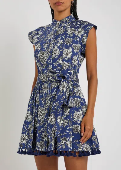 Alice And Olivia Lucy Cuffed Cap Sleeve Mini Shirt Dress Blooming Wild Indigo In Blue