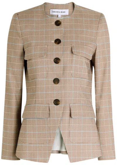 Veronica Beard Orrin Windowpane Plaid Collarless Jacket In Brown
