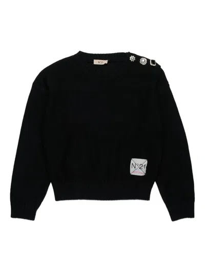 N°21 Pullover In Misto Lana Con Bottoni Gioiello In Black