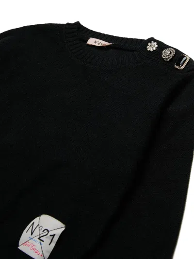 N°21 Pullover In Misto Lana Con Bottoni Gioiello In Black
