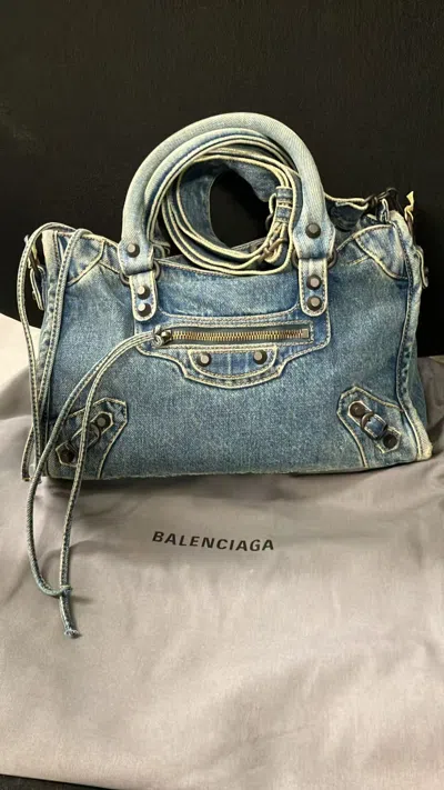 Balenciaga Le City Denim Small Top Handle Bag In Blue