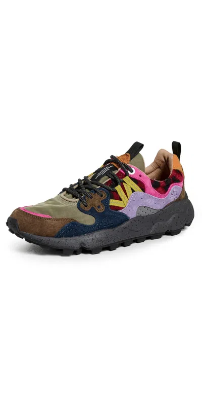 Flower Mountain Yamano 3 Dark Green Anthracite Suede And Nylon Sneakers And Purple In Multi