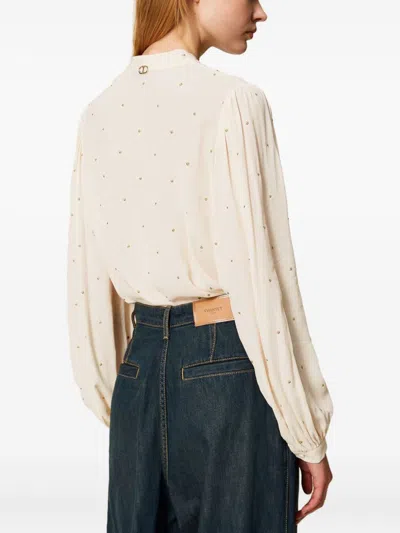 Twinset Embellished Tie-neck Blouse In Neutral