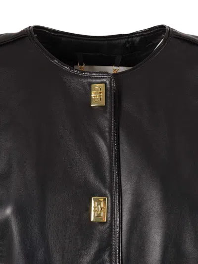 Elisabetta Franchi Leather Jacket With Monogram Metal Details In Black