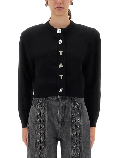 Rotate Birger Christensen Rotate Cropped Black Sweater With Padded Shoulders And Button Embellishments In Black