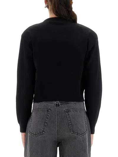 Rotate Birger Christensen Rotate Cropped Black Sweater With Padded Shoulders And Button Embellishments In Black