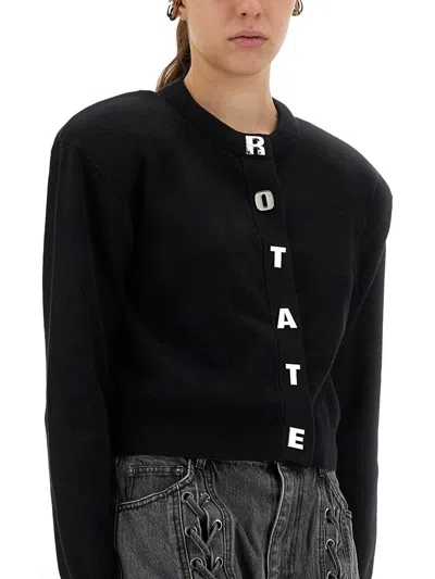 Rotate Birger Christensen Rotate Cropped Black Sweater With Padded Shoulders And Button Embellishments In Black