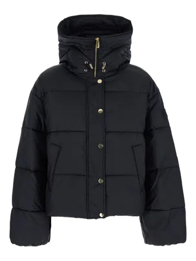 Pinko Cropped Black Coat With Hooded Neckline And Embroidered Logo In Black