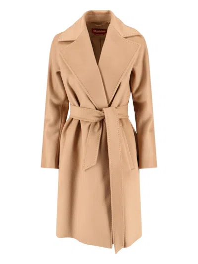 Max Mara Waist Belted Long Length Jacket In Neutral
