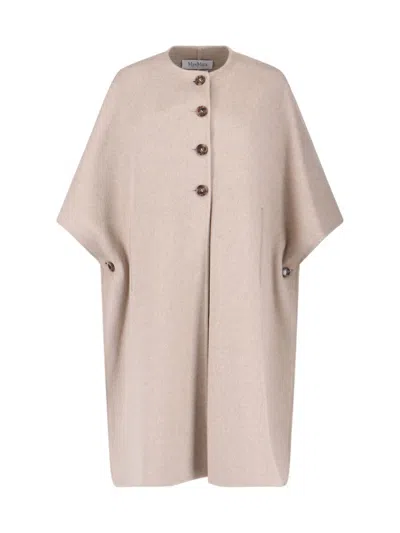 Max Mara Beige Cashmere Cape With Button Closure And Maxi Back Slit In Gold