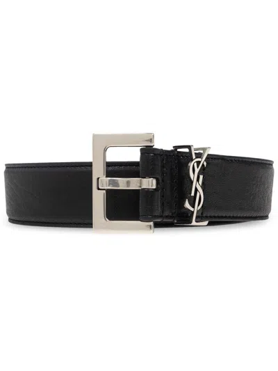 Saint Laurent Grained Leather Cassandre Thin Belt With Square Buckle Accessories In Black