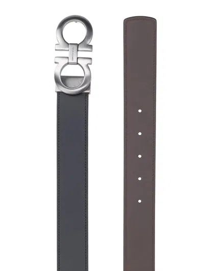 Ferragamo Adjustable Reversible Textured Belts In Black