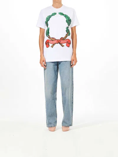 Moschino Laurel Wreath Graphic Print Crew Neck In White