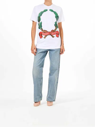 Moschino Laurel Wreath Graphic Print Crew Neck In White