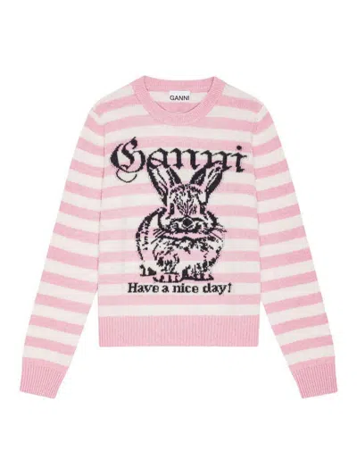 Ganni Striped Graphic Wool Mix Bunny Crewneck In Multi