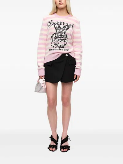 Ganni Striped Graphic Wool Mix Bunny Crewneck In Multi