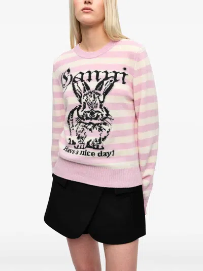 Ganni Striped Graphic Wool Mix Bunny Crewneck In Multi