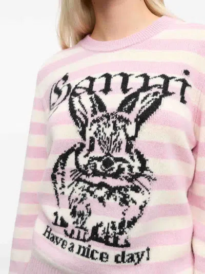 Ganni Striped Graphic Wool Mix Bunny Crewneck In Multi