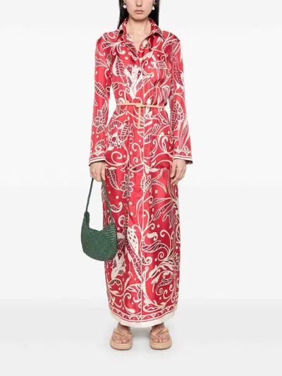 F.r.s For Restless Sleepers Printed Silk Long Shirtdress In Red